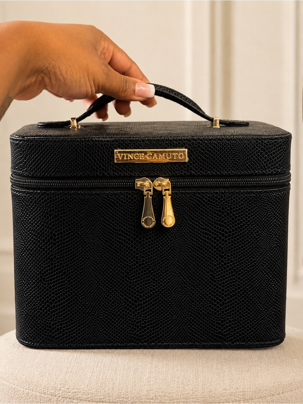 Vince Camuto Black Textured Cosmetic Train Case with Gold Hardware